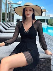 Traje de baño de una pieza de manga larga de unicolor y de moda para vacaciones de verano - Negro - Ver 5