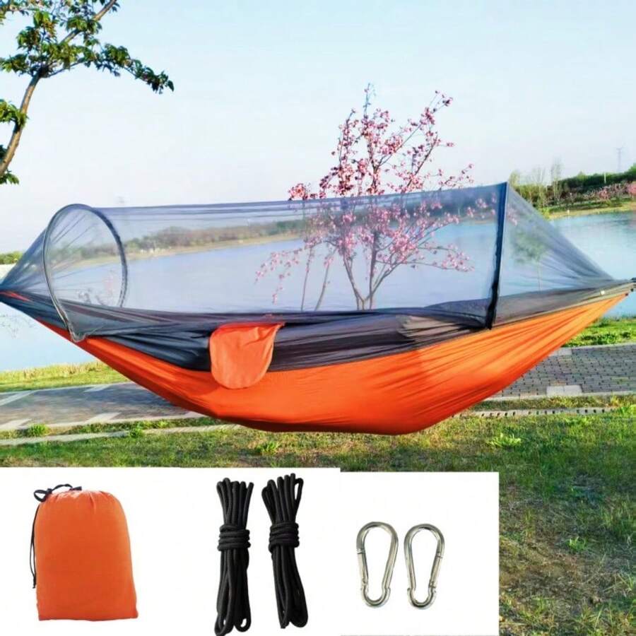 Hammock anti-mosquito quick-opening swing nylon mosquito net outdoor camping courtyard tear-resistant parachute cloth double anti-rollover - 270*140 Cordino arancione + grigio con lacci e garza grigia - Visualizzare 1