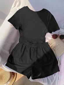 Conjunto casual de camiseta con estampado bordado de corazón y shorts de cintura elástica para mujer, adecuado para deportes al aire libre, regalo para mujeres, hermanas, mamá, Día de la Madre, Día de San Valentín - Negro - Ver 2