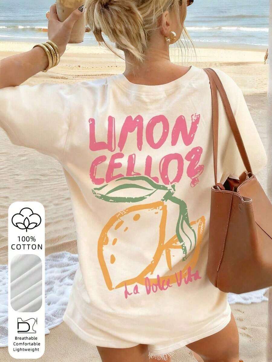 Camiseta holgada de mujer con estampado de limones "La Dolce Vita", 100% algodón, transpirable, cuello redondo, manga corta, estilo Y2K para playa, ideal para días de playa, vacaciones de verano, brunch, festivales de música y atuendos casuales de verano. - Albaricoque - Ver 1