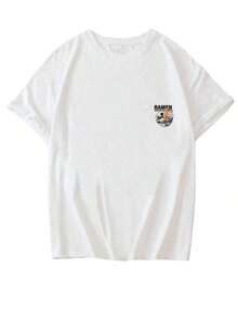 Camiseta de manga corta de cuello redondo con estampado de ramen, de moda minimalista y versátil, adecuada para mujer, color blanco - Blanco - Ver 4