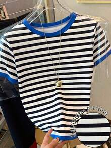Camiseta casual de mujer de cuello redondo y manga corta con estampado de letras y rayas - Multicolor 3 - Ver 1
