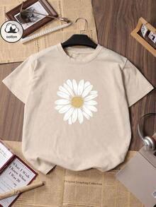 Black Short-Sleeved T-Shirt With A Slim Fit, Round Neck, Punk Style, Korean Version, Comfortable And  Retro, Custom Floral Daisy Print, Street Style, Niche Y2K Women's Clothing - 杏 - 查看 6