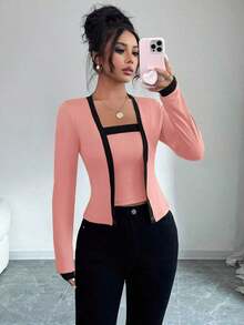 Set de 2 piezas: Top de mangas largas con panel de color elegante de frente abierto y camiseta sin mangas para mujer - Multicolor 3 - Ver 4
