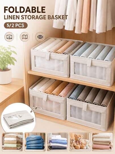 OBOVAY 2pcs Foldable Linen Wardrobe Storage Baskets With Transparent Window, Large Capacity Closet Organizer Bins For Bedroom Shelves, Suitable For Storing Women's Tops, Pants, Dresses And Seasonal Clothing