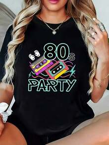 Talla Grande - Camiseta Talla Grande - Talla Grande, PARTY 80 Camiseta Gráfica Vintage de los 80 para Mujer, Camiseta Negra de Manga Corta con Cuello Redondo Estampada, Estilo Casual, Ajuste Cómodo, Perfecta para Conjuntos de Verano, Diseño Versátil para Uso Diario, Ropa Fresca de Verano de Tela Suave - Negro - Ver 9