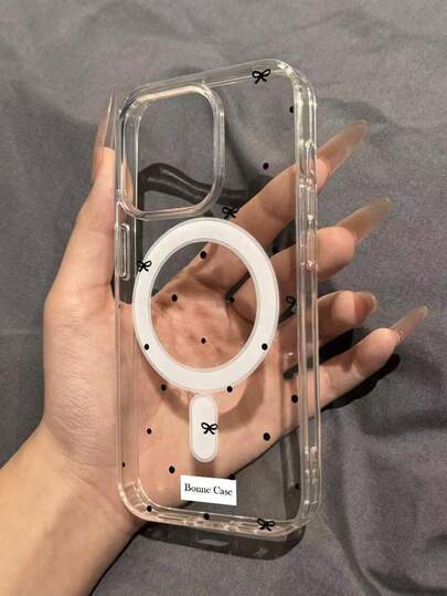 Carcasă magnetică transparentă MagSafe pentru iPhone 12/13/14/15/16/17 Pro Max, husă de protecție transparentă anti-șoc cu model drăguț de fundă neagră și buline, carcasă subțire cu încărcare wireless pentru bărbați și femei