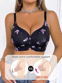 Women's Casual Wireless Butterfly Print Bra, Comfortable Breathable Support Anti-Sagging, Removable Lining - Black - View 1
