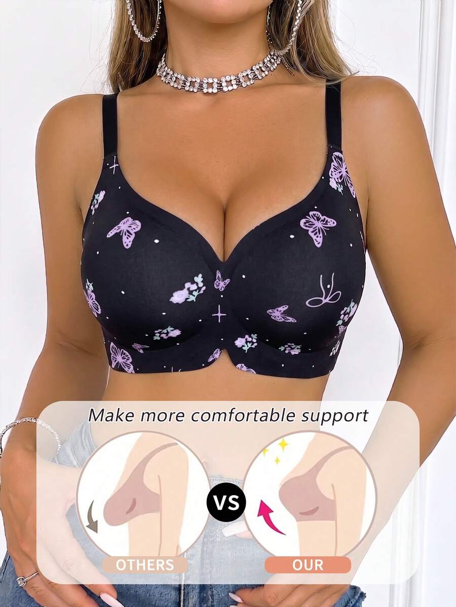 Women's Casual Wireless Butterfly Print Bra, Comfortable Breathable Support Anti-Sagging, Removable Lining - Black - View 1