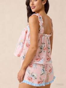 Womens Ruffle Pajamas Set 2 Piece Summer PJs For Women Floral Pajama Ruffle Trim Cami Top And Shorts Lounge - Pink - View 8