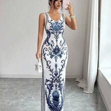 Elenzya Exquisite Printed Chinoiserie Waist-Cinching Slit Luxurious Retro Middle Eastern UAE Style Robe, Tight Fit, Multi-Color, Sleeveless, High-Quality Material Luxury Dresses For Women Best Selling Dresses Club Outfits For Women Dress Long Dresses For Women Bodycon Bodycon Dress Women - Multicolor - Ver 7