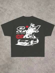 OVDY Unisex Retro Street Japanese Anime Takumi Fujiwara Racing Print Oversized T-Shirt, Racing Theme Graphic Tee For Commuting - Dark Grey - View 3