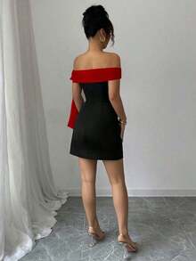 1 pieza Vestido largo elegante de hombros descubiertos para mujer, negro - Rojo y negro - Ver 2