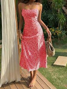 Vestido de playa con tirantes finos y estampado floral ditsy negro para mujeres - Rojo - Ver 5