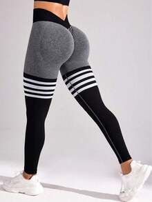 High-Waist Striped Butt-Lifting Compression Leggings | Women's Yoga, Running & Workout Tights | Seamless Athletic Quick-Dry Activewear Pants - 灰色 - 查看 2