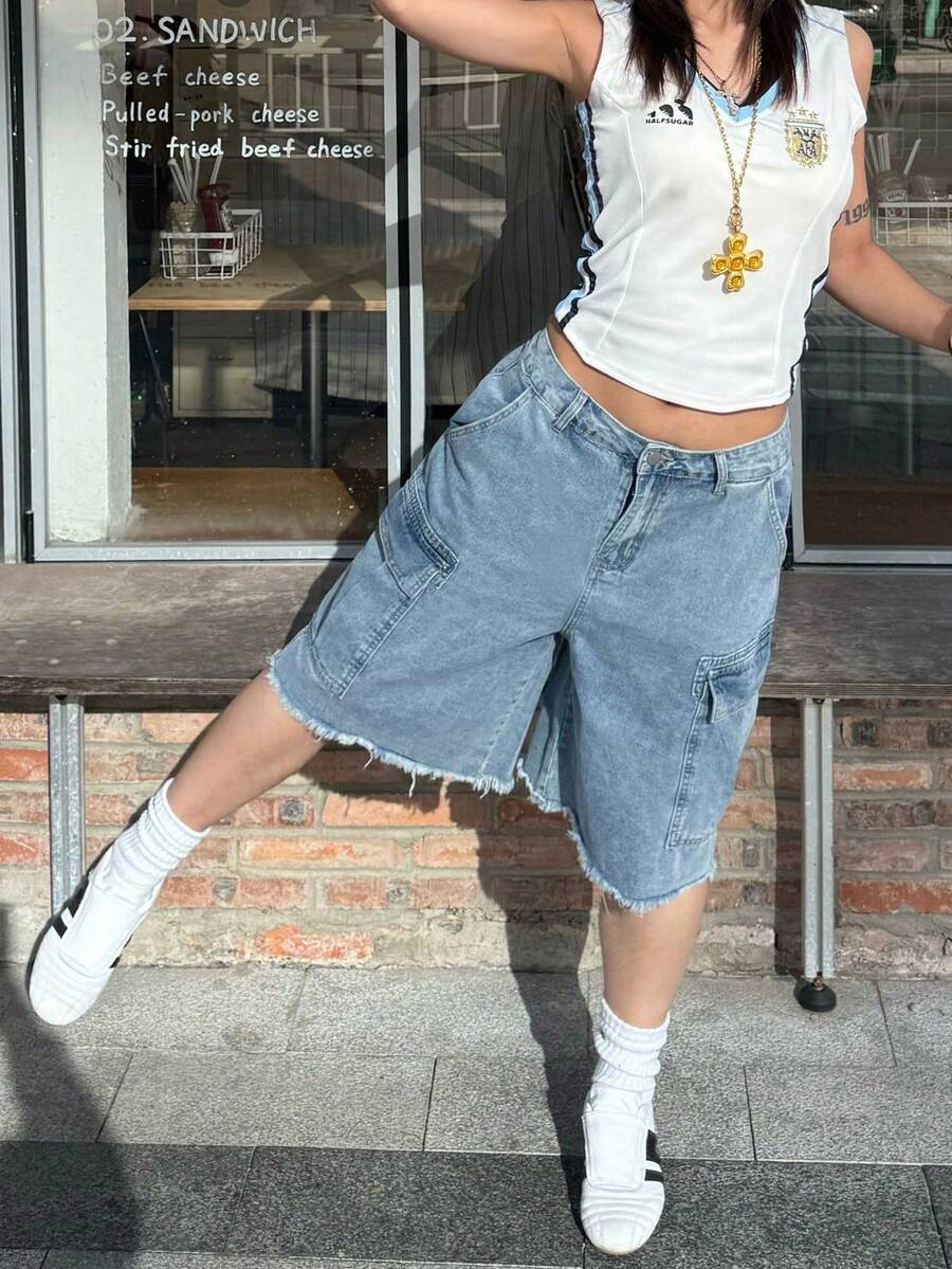 Shorts vaqueros cargo tipo bermuda de pierna ancha con bajo original, estilo vintage lavado Y2K, casual para mujer, verano y vacaciones - Azul claro - Ver 1