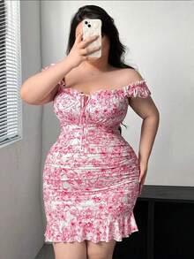 Exclusive Style Strapless Sexy Printed Plus Size Mini Fitted Dress - Pink - View 3