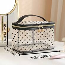 Bolsa de maquillaje de malla transparente de doble capa con estampado de corazón lindo, bolsa de almacenamiento de artículos de tocador portátil, organizador multifuncional para viajes y uso diario - Multicolor - Ver 8