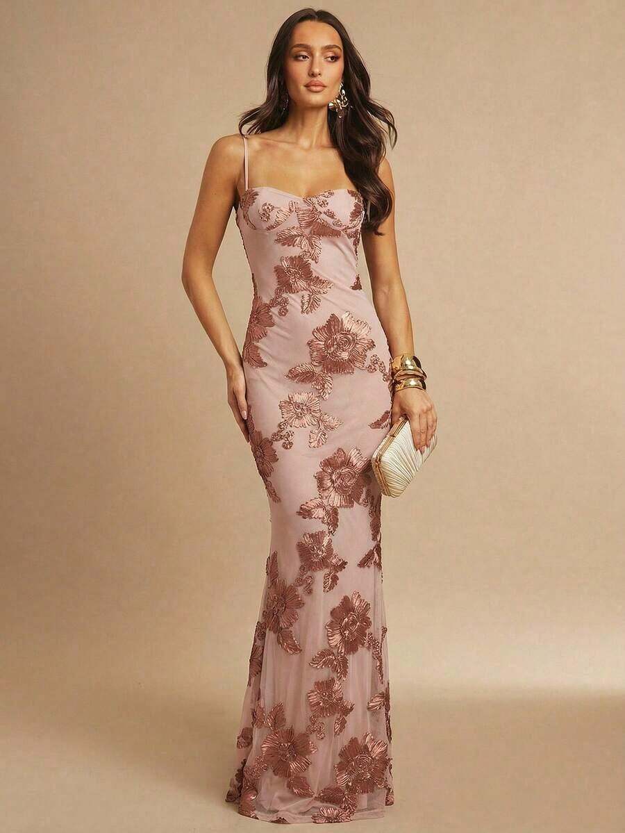 Vestido de tirantes finos maxi ajustado y elegante con diseño floral 3D en color marrón, adecuado para invitada de boda en otoño, fiesta, cóctel, noche, Navidad.Vestido maxi ceñido y con espalda descubierta, apropiado para fiesta de ot - Marrón - Ver 1