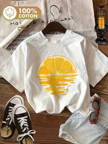 Graphic Print T-Shirt, Short Sleeve Crew Neck Casual Top For Summer & Spring, Women's ClothingPure Cotton Short-Sleeve Shirt - 白色 - 查看 2