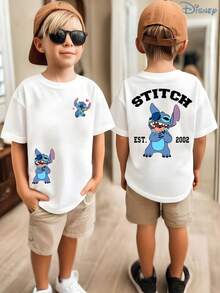 Kids' Disney Lilo & Stitch Themed "Stitch EST. 2002" T-Shirt, Boys' Retro Stitch Print Short Sleeve Tee, Soft Casual Top For Boys, Easy On & Off For Theme Parks, Family Vacations & Casual Hangouts - trắng - Xem 1