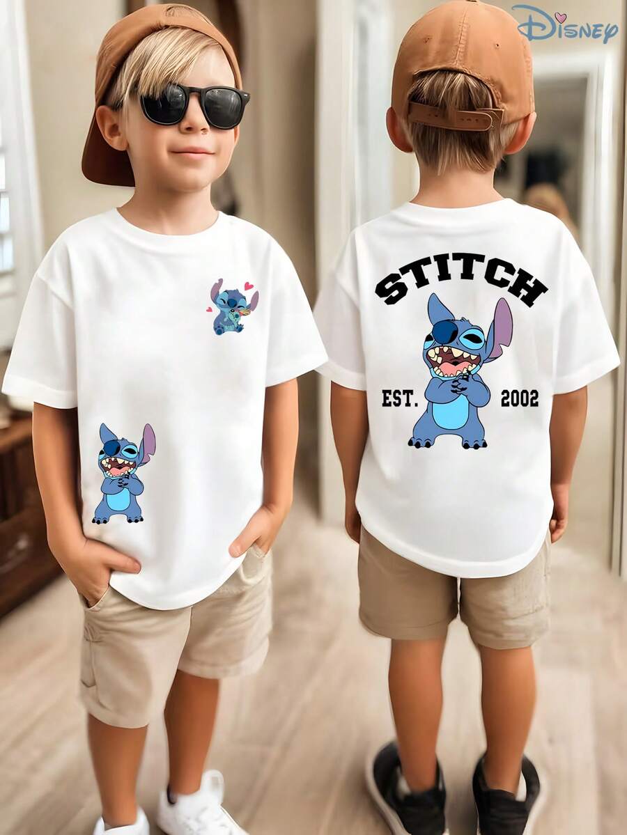 Kids' Disney Lilo & Stitch Themed "Stitch EST. 2002" T-Shirt, Boys' Retro Stitch Print Short Sleeve Tee, Soft Casual Top For Boys, Easy On & Off For Theme Parks, Family Vacations & Casual Hangouts - trắng - Xem 1