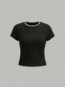 Camiseta casual de manga corta y cuello redondo con gráfico de niña de mezclilla para mujer, de verano - Multicolor - Ver 4