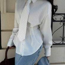 Chic Women's Pinstripe Tie Neck Blouse With Collared Neck And Long Sleeves Perfect For Work Or Dressy Everyday Style Long Sleeved Shirt Striped Shirt Vintage Shirt Collar Shirt White Top White Blouse Spring - Blanco - Ver 1