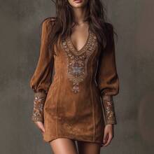 2026 V-Neck Embroidered Dress, Short Skirt, Exquisite And Elegant Bodycon Skirt - Brown - View 5