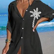 Swim Vcay Women's White Coconut Tree Button Casual Vacation Beach Kimono Cover Up - Negro - Ver 1