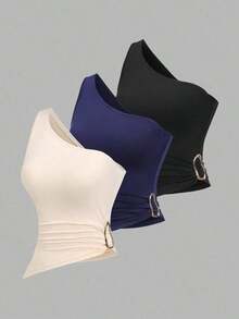 Conjunto de blusa con cuello asimétrico, un solo hombro y decoración de hebilla metálica, adecuado para vacaciones en la playa - Multicolor - Ver 9