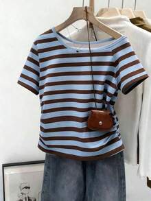 Camiseta casual de mujer con cuello redondo, manga corta, a rayas y plisada - Blanco - Ver 1