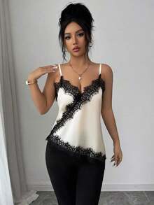 Camiseta de mujer elegante con parches de encaje y lunares - Albaricoque - Ver 5