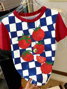 Camiseta de mujer de manga corta con cuello redondo y bloqueo de color cereza - Multicolor - Ver 3