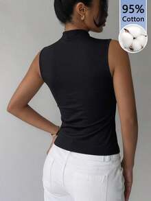 de estilo chino retro con cuello de cheongsam para mujer, top negro casual, top de pullover adecuado para vacaciones, fiestas, elegante para mujer, uso diario casual.Top negro sin mangas de cuello alto, top negro de verano - Negro - Ver 4