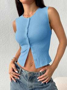 Top corto casual y ajustado de unicolor con botones de mujer, para el verano - Azul - Ver 4