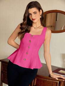 Blusa de mujer vintage, elegante y clásica, con cierre de botones metálicos con forma de flor, blusa sin mangas blanca, para primavera/verano - Rosa Fucsia - Ver 6