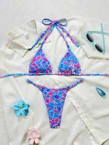 Conjunto de bikini de rayas coloridas y sexy para primavera/verano 2026, traje de baño de estilo minimalista de tres puntos para mujeres jóvenes - Multicolor 10 - Ver 2