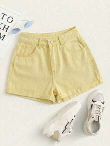 Pantalones cortos vaqueros de cintura alta enrollados para el verano - Amarillo - Ver 6