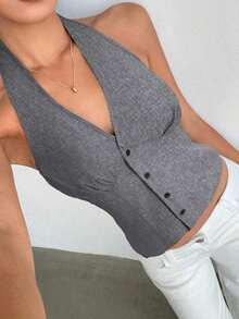delgado de mujer de algodón con rayas, cuello alto y abotonadura sencilla, para otoño/invierno - Gris Oscuro - Ver 3