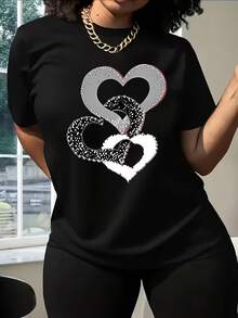 Minimalist Casual T-Shirt, New Women's Short-Sleeved T-Shirt For Spring/Summer, Simple And Elegant With Heart Ring Print, Versatile Everyday T-Shirt With Round Neck, Circular Pattern - Unisex Cotton Loose Short-Sleeved Round Neck Urban Vintage Style T-Shirt. - 黑色 - 查看 7