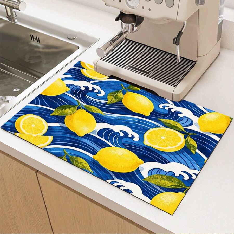 1 件海洋柠檬印花吸水垫/沥水垫,适用于咖啡机、餐具 - 涤纶吸水桌面保护垫,带橡胶防滑垫,适用于厨房台面装饰、家庭酒吧和餐桌 - 彩色 - 查看 1