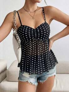 Camiseta sin mangas de mujer de moda con diseño plisado de unicolor y ribete de encaje - Blanco y Negro - Ver 5