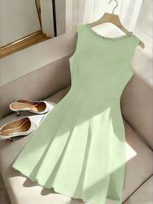 Vestido sin mangas con lazo decorativo con cuentas y espalda descubierta para mujer en color rojo - verde menta - Ver 2