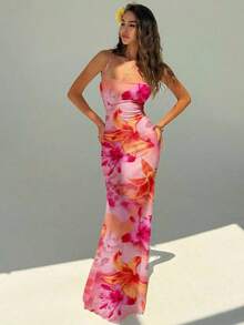 Vestido con estampado floral elegante y espalda descubierta para mujer - Blanco - Ver 3