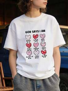 Women's Summer Clothing, Soft Cotton Casual T-Shirt With Round Neck, 9 Heart Print With The Phrase "GOD SAYS I AM". White Color. - 白色 - 查看 2