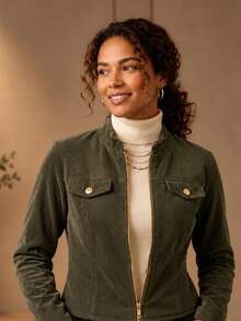JAQUETA FEMININA CONFORTO  VELUDO COTELÊ  ZIPER DOURADO FRONTAL PREMIUM LANÇAMENTO OUTONO INVERNO - Verde Militar - Visão 2