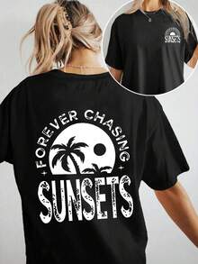 Camiseta Blanca Oversize para Mujer con Estampado en la Espalda "Forever Chasing Sunsets" y Diseño de Palma Yin-Yang - Top Casual de Manga Corta con Cuello Redondo, Estilo Playero, Inspirada en Camisas Hawaianas, Blusa Holgada Estilo Surf, Camiseta Y2k - Negro - Ver 10