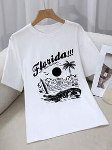 Camiseta Casual de Manga Corta para Mujer - "¡Florida!!"Estampado Gráfico, Corte Holgado, Cuello Redondo, Elasticidad Media, Comodidad para Todas las Temporadas, Blanco con Letras Negras y Diseño de Palmera, Camisetas de Mujer Y2k Camiseta Camisa De - Blanco - Ver 10