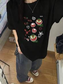 Women's Tomato Print T-Shirt - Soft And Breathable Fabric, Casual Short Sleeve Crew Neck Top For Spring/Summer, Lightweight And Comfortable For Casual Outfits, Fashionable Summer Top | Fun Design T-Shirt | Soft Y2k Style T-Shirt - 黑色 - 查看 1